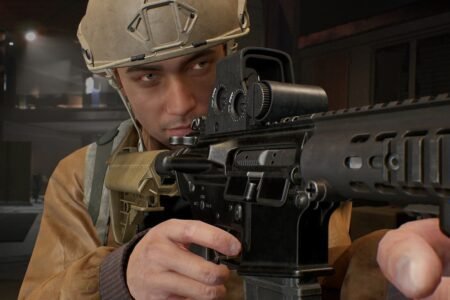 A soldier holding a rifle while wearing military gear in a warehouse in The Day Before.