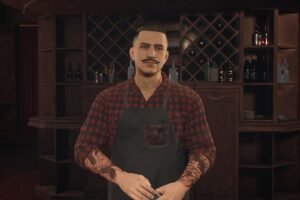 A bartender in The Day Before wearing a red flannel shirt with an apron standing in a bar.