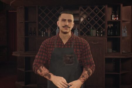 A bartender in The Day Before wearing a red flannel shirt with an apron standing in a bar.