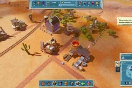 A crossroad in SteamWorld Build next to a railroad in an Old Western town.