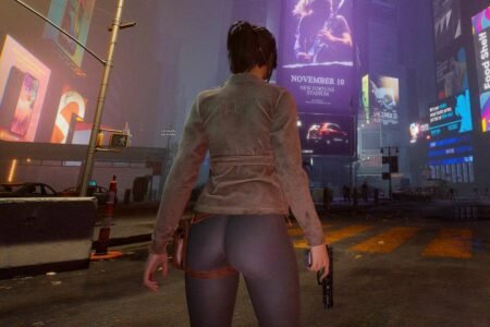 A woman with a pistol standing in an area that looks like Time Square in New York but in The Day Before game.