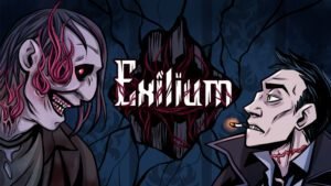 Exilium. The title image features a gritty stylized logo with exorcist, Detective Adam Wayne and the demon from the demo.