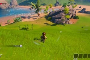 A lego character running down a hill in Fortnite