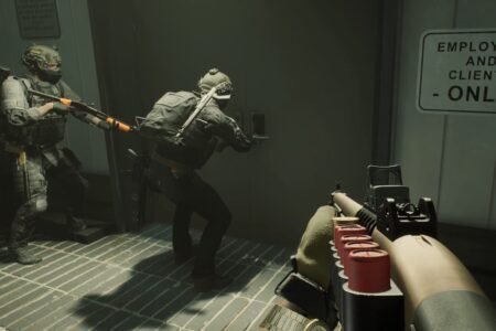 Two operators breaking into door while armed in Ready or Not.