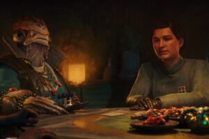 An imperial officer sitting with an alien at a table in Star Wars Outlaws.