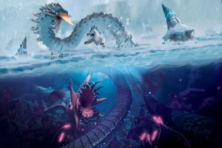 Promotional Art from Subnautica: Below Zero Depicting Underwater Monsters