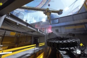 The player shooting a lewis gun at another player on a roof with a shield.