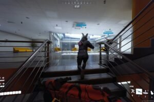 The player in The Finals looking at someone with a bunny hood on near stairs