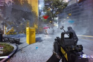 The player in The Finals looking at someone with a sledge hammer outside near smoke.