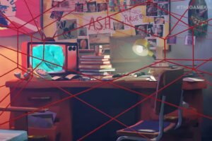 An office space with strings all around near a computer, The Rise of The Golden Idol