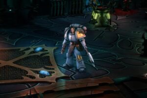A man in Warhammer 40,000 rogue trader in armor standing in a room.