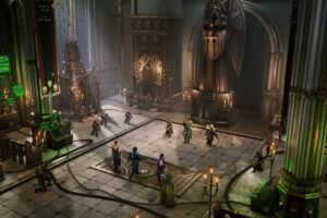 Characters in Warhammer 40000 Rogue Trader in a room ready to fight