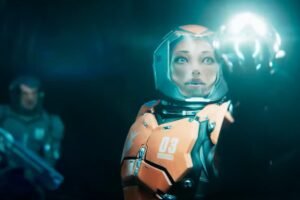A woman in Exodus grabbing a light with the main character behind her.