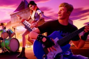 Jonesy in Fortnite playing a guitar in front of a piano guitar player.