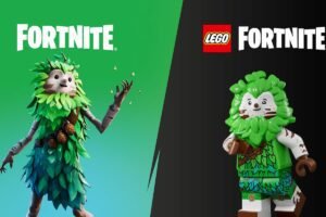 Two skins standing next to each other, one lego and one regular in Fortnite.