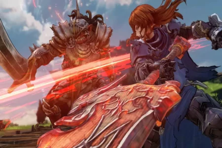 promotional screenshot from granblue fantasy relink with hero battling an orc