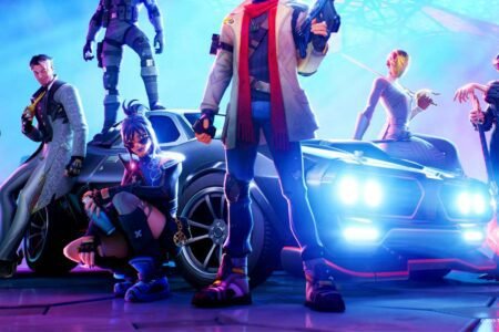 The Fortnite characters near a rocket league car with lights on.