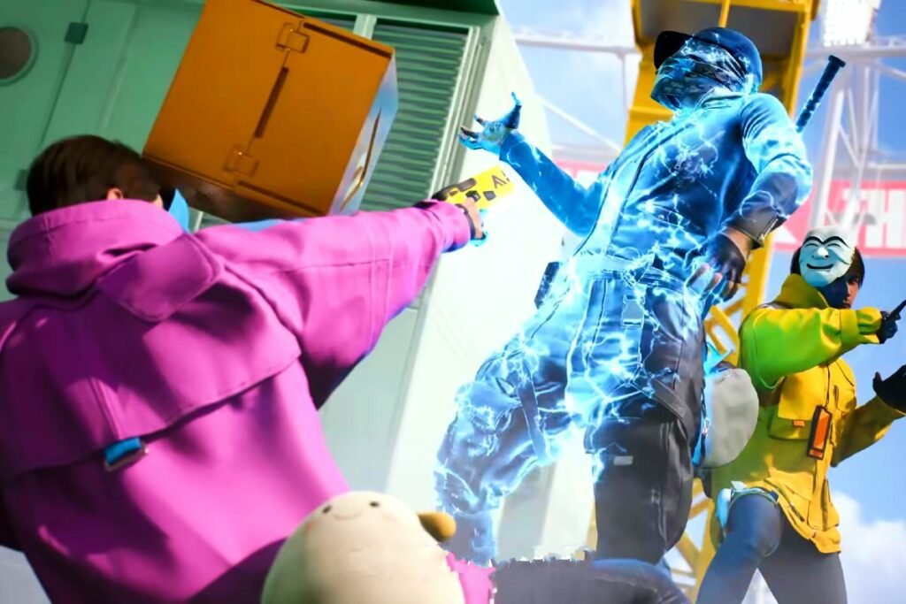 One character in The Finals wearing pink shooting a taser at another. A third is in the background.