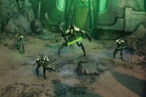 Warhammer 40,000: Rogue Trader enemies standing in front of a big wall.