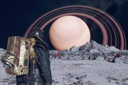 Astronaut standing in front of a ringed planet in Starfield