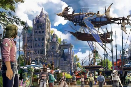 Cityscape with people and floating ships from Granblue Fantasy Relink