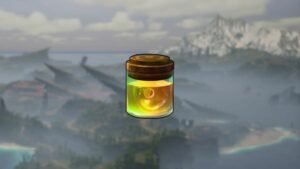 High-quality Pal Oil Jar in foreground, Landscape from Palworld in the background