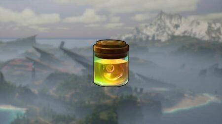 High-quality Pal Oil Jar in foreground, Landscape from Palworld in the background