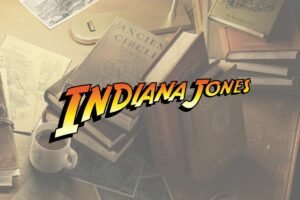 Books on the table and Indiana Jones Logo in foreground