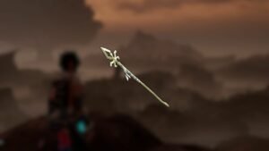 Lily's Spear in foreground, Palworld landscape in background