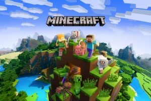 Minecraft steve and the crew standing around.
