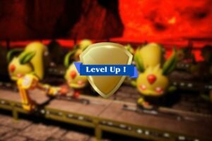 Pals working in volcanic base in background, level up logo in foreground
