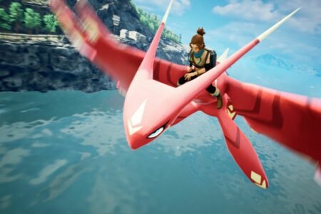 Player character sitting atop a flying Pal