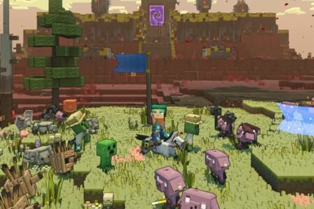 Player hoisting a flag in Minecraft Legends, surrounded by pigs