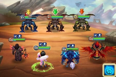 Player team battling horde of monsters in Summoners War