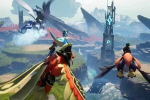 Players sitting atop flying mounts in Palworld