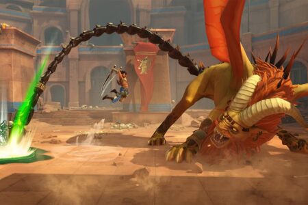 The player fighting a dragon in an arena in Prince of Persia: The Lost Crown.