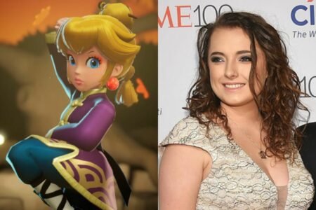 Princess Peach in Showtime (L) Voice Actor Samantha Kelly (R)