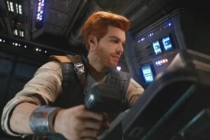 Protagonist of Star Wars Jedi: Survivor, Cal Kestis, piloting a spacecraft