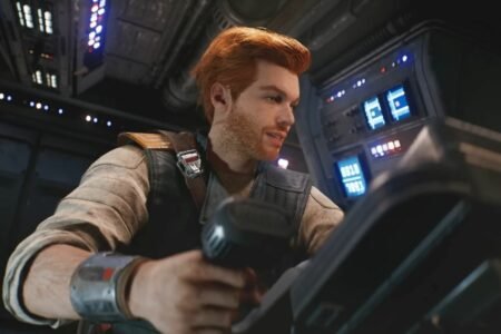 Protagonist of Star Wars Jedi: Survivor, Cal Kestis, piloting a spacecraft