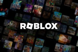 Popular Roblox games in background, Roblox logo in foreground