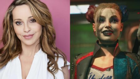 Tara Strong (L) Harley Quinn in SSKTJL (R)