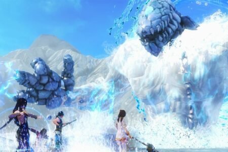 Protagonists battling a giant monster in snow in Xuan Yuan Sword: The Gate of Firmament