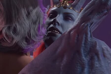 A purple happy woman next to a man in Baldur's Gate 3.