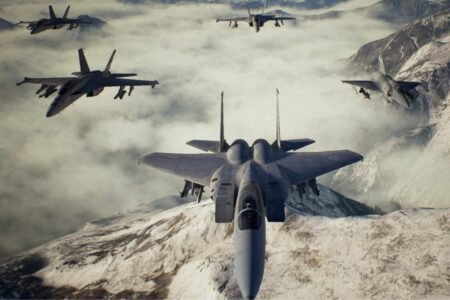 Fighter jets flying over snow capped mountains in Ace Combat 7