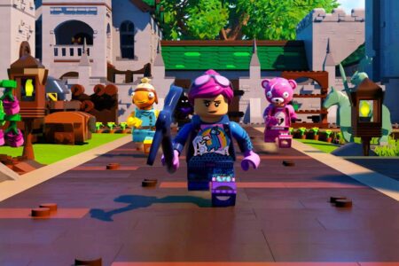 three lego people in Fortnite running down a street near buildings.