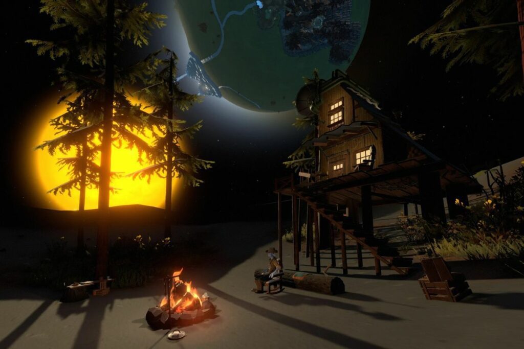 Landscape from Outer Wilds featuring a character sitting by bonfire, a massive star and a planet in background