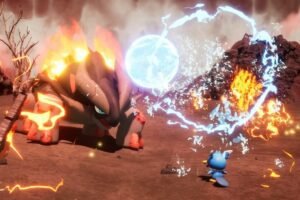 water and fire type Pals fighting each other in Palworld
