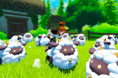 Player standing in a green pasture, surrounded by many Sheep-like Pals in Palworld