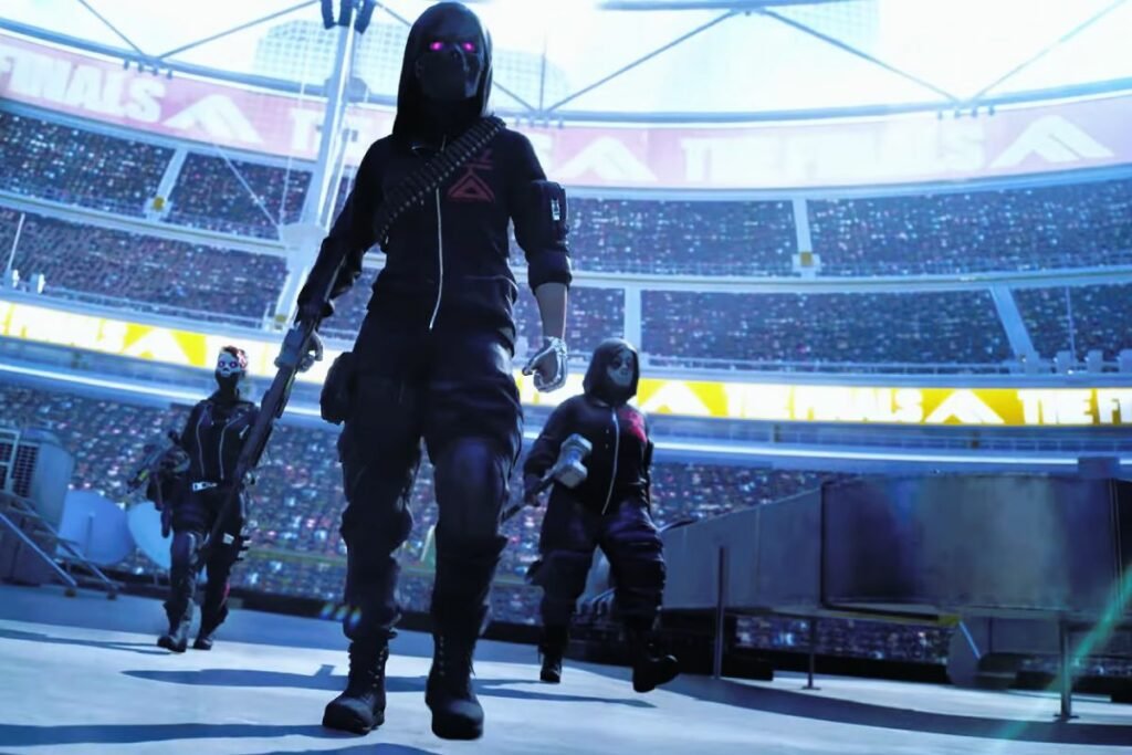 Team of three players walking into arena in The Finals