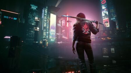 promotional artwork for Cyberpunk 2077 with protagonist holding a sword